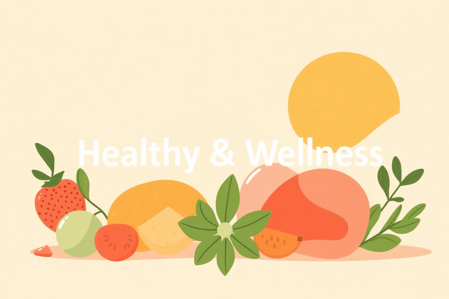 Friendly illustration of fresh fruits, leaves and a sun